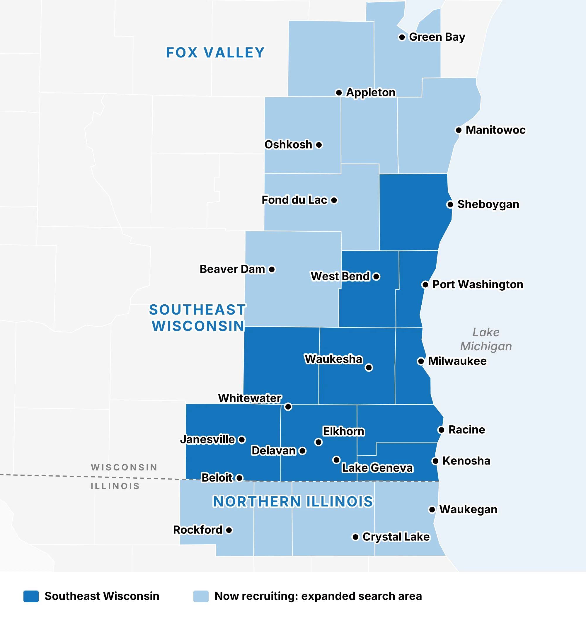 Keyway Solutions service area map: Southeast Wisconsin, the Fox Valley, and Northern Illinois.